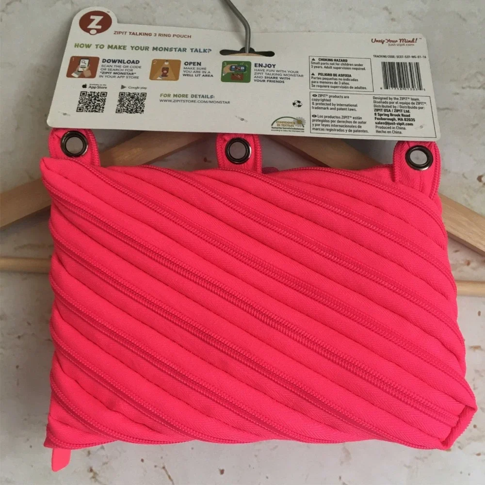 ZIPIT Neon Pink Talking Monstar 3 Ring Storage Holder Pencil Pouch NWT